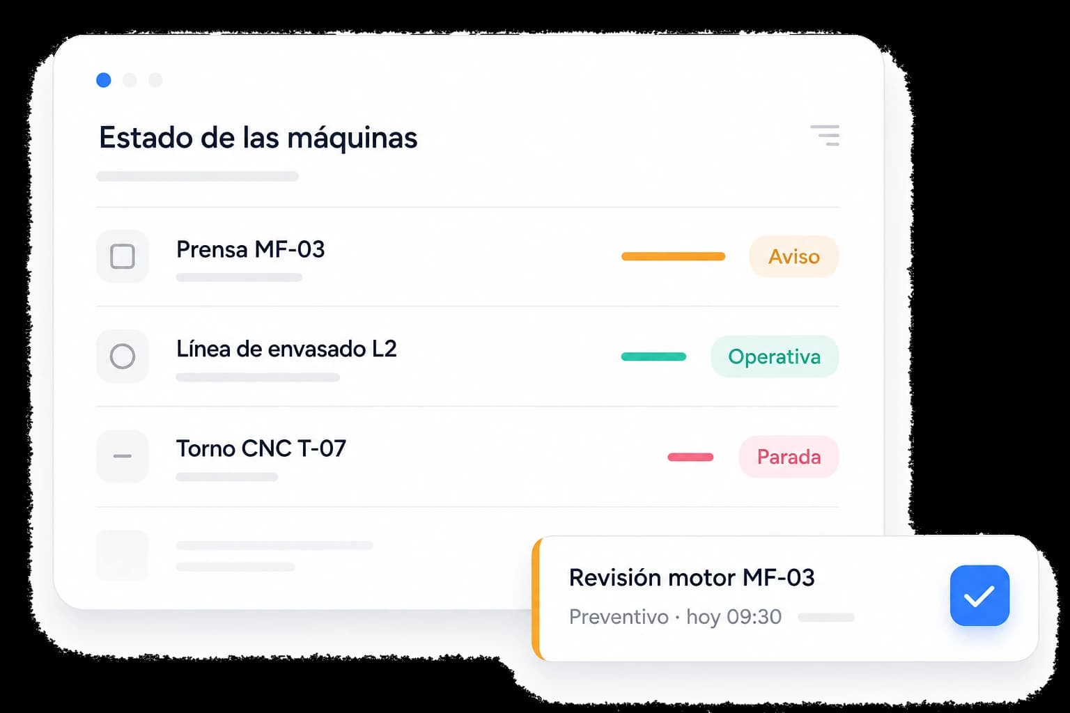 Panel de estado de máquinas con avisos de mantenimiento y una revisión preventiva programada