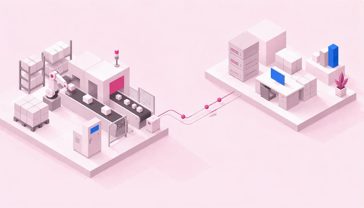 Ilustración de planta y ERP unidos por datos