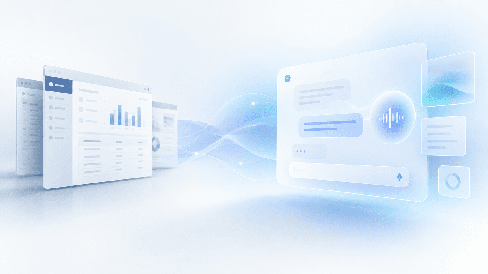Interfaces de software tradicionales conectadas mediante ondas azules a una interfaz conversacional con IA, controles de voz y paneles dinámicos.