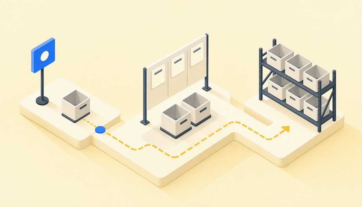 Ilustración isométrica de un flujo digital Kanban